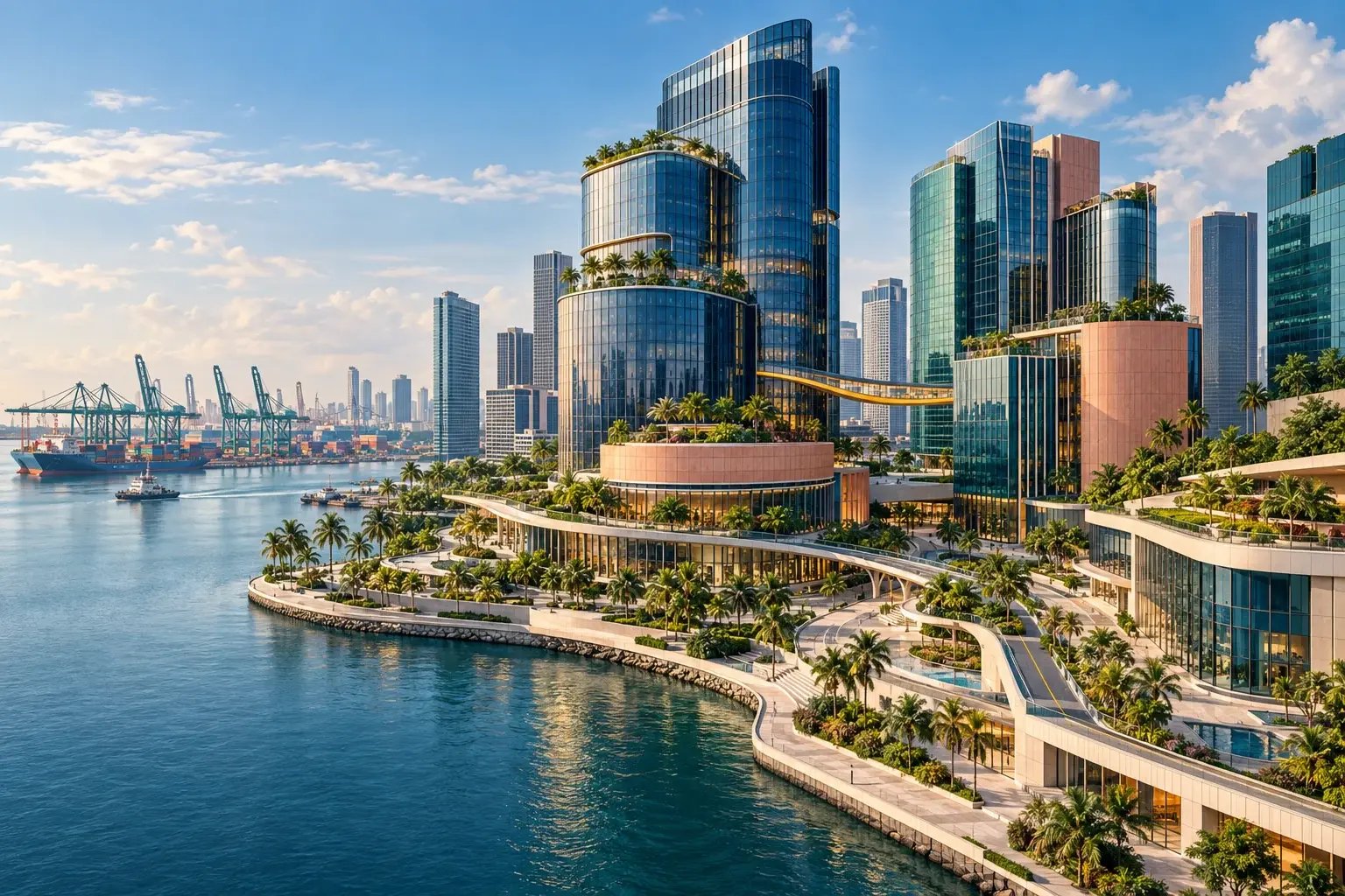Illustrative Singapore-inspired waterfront connecting tropical business towers with a working port.